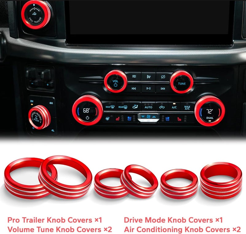 Polodunn for Ford F150 Accessories 2021-2025 2026 & Super Duty F250 F350 F450 2023-2026, 9pcs Aluminum Alloy Knob Cover Trim Set - Push Start, A/C, Volume, Headlight, Trailer & Drive Mode (Red) - Image 3